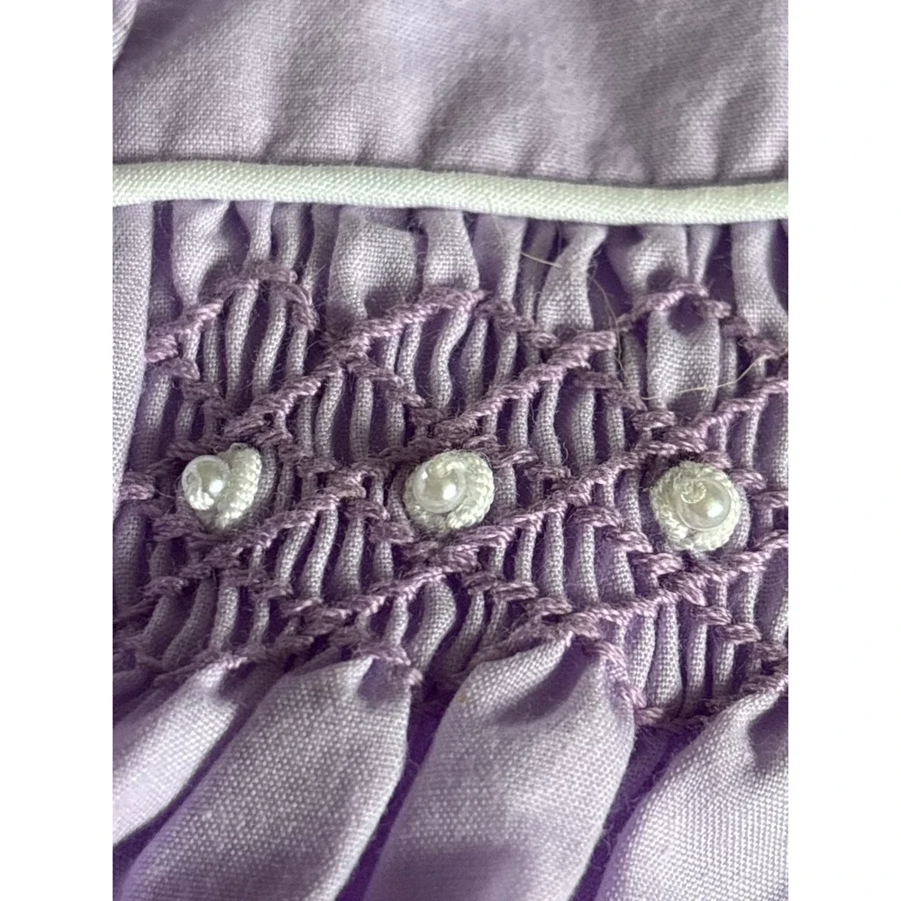 Vintage Lavender Smocked Bubble‎ Romper Peter Pan Collar Eyelet Lace Trim Purple